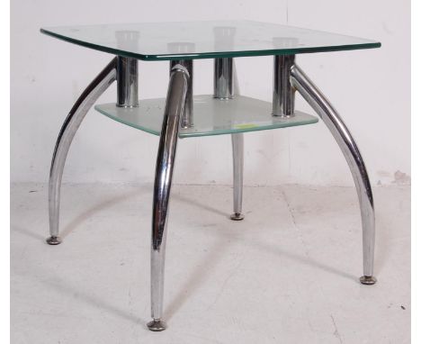 A retro vintage late 20th Century two tier glass topped coffee table / side lamp occasional table of simple squared form havi