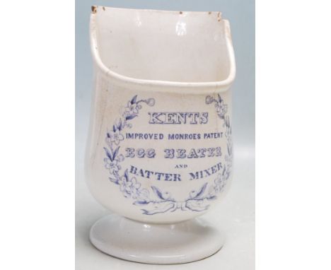 A &nbsp;rare 19th century Victorian antique Kents Improved Monroe's Patent Egg Beater and Batter Mixer ceramic pot having blu