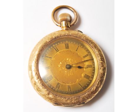A mid 20th Century 18ct gold pocket fob watch having engraved floral decoration throughout with an armorial crest to the cent