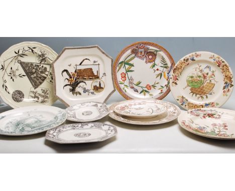 A collection of 19th Century Victorian aesthetic movement ceramic plates and dishes having transfer printed decoration of ani