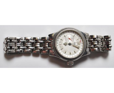 A gentleman' Oris automatic stainless steel big crown chronograph wrist watch having a round face with silvered baton and Ara