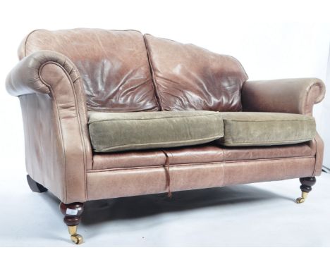 Laura Ashley - Mortimer - A contemporary high end design two seater leather sofa settee upholstered in a chocolate brown with