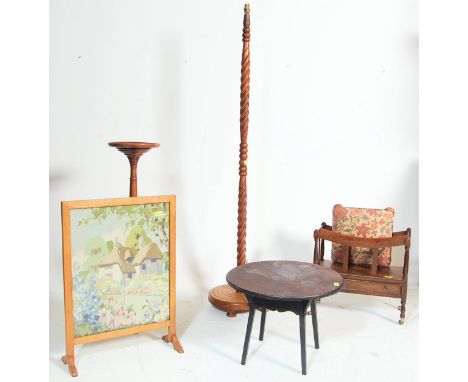 A group of early and late 20th century antique style furniture to include a mahogany plant stand jardinier, standard lamp, fi