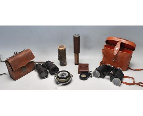 A 20th century Meridian naval compass, together with a monocular telescope / spyglass, a German Pasto compass and two pairs o