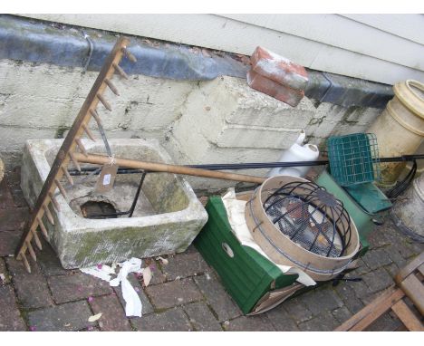 Assorted gardenalia, including tools and stone sink 
