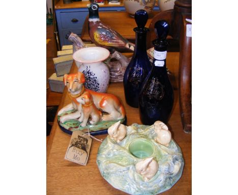 A 1960's Garnier liqueur pheasant shaped bottle, together with a pair of Bristol Blue Glass decanters, Mdina glass studio vas