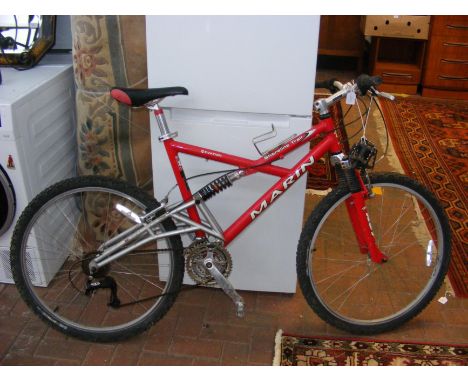 A red framed Marin Mountain Bike 