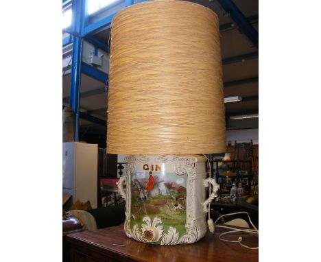 An antique ceramic two handled gin barrel depicting hunting scene, converted to table lamp - 74cm overall
