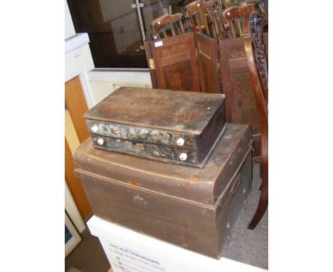 A four section fire screen, together with a metal trunk and a two drawer cabinet 
