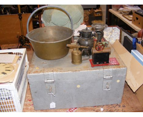 Old metal lock box, together with brass cooking pan, a Mamod 'live' steam engine and assorted metalware 