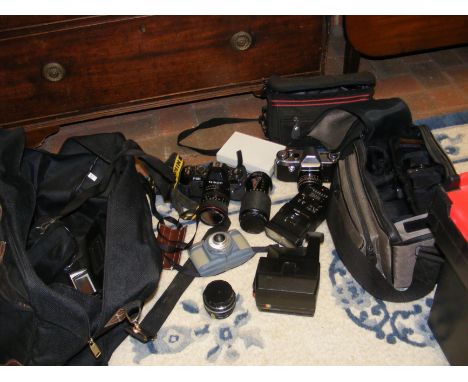Vintage photographic equipment, including Nikon F-301 Camera 