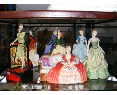 Royal Worcester and Royal Doulton crinoline ladies, together with a Clarice Cliff 'Centre Stage' figurine  CONDITION REPORT O