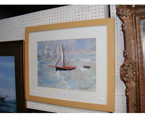 A Limited Edition impressionist watercolour of sailing ships in rough sea, signed lower right - 27cm x 36cm