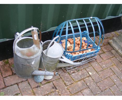 Galvanised metal watering cans, milk crate, horse trough, etc. 