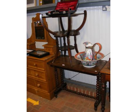 A rectangular occasional table on bobbin stretcher base - width 87cm, together with an antique French drinks table 