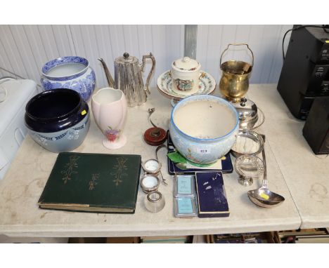 A collection of various decorative items to include a postcard album and contents, silver plated ware, a blue and white bowl,