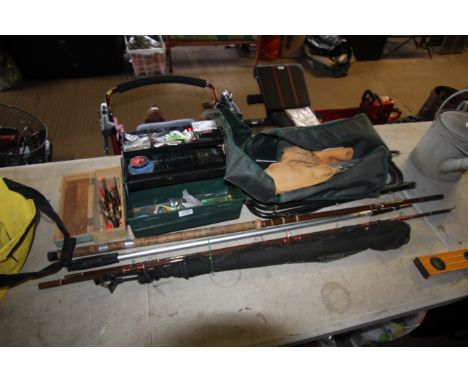 Two boxes containing various fishing accessories to include hooks, lures, floats, a folding seat/carry bag, rod rests, a thre