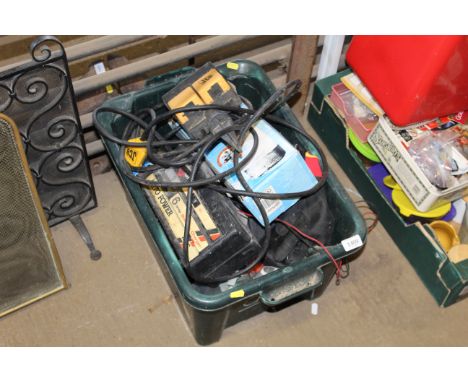 A box containing various items to include a Black & Decker cordless drill driver with original box, an Autopower 6amp battery