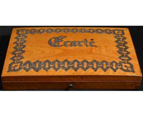 A 19th century French playing card box, hinged cover decorated with cut-steel pinwork and inscribed Ecarte, hinged cover encl