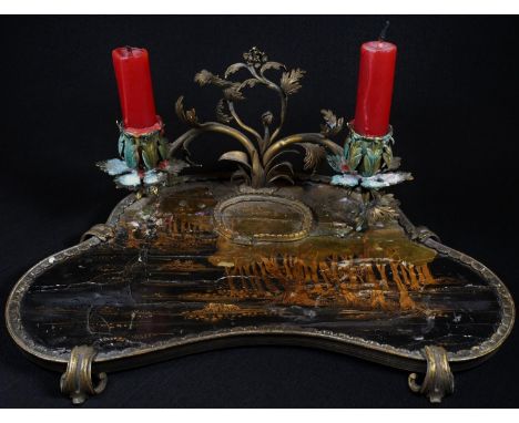 A Louis XV Rococo ormolu-mounted Chinese black lacquer encrier, twin-branch candelabra with leafy sconces and drip pans, cent