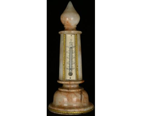 A 19th century alabaster desk thermometer, Fahrenheit scale, mercury cistern, turned cupola finial, gilt metal ropetwist bord