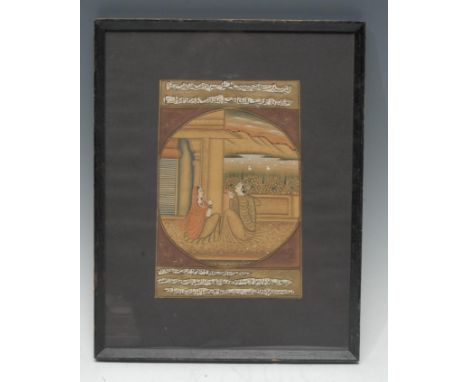 An Indian manuscript page, illuminated and inscribed in the Mughal manner with a courtly love scene, watercolour, gouache and