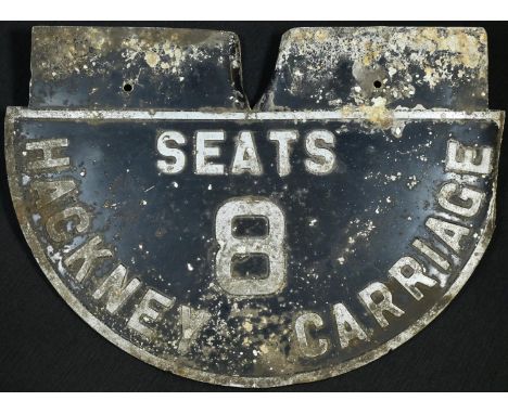 London Transport - a pressed aluminium black cab taxi plate, Hackney Carriage, 8 Seats, 30.5cm wide 