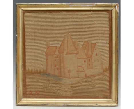 An 18th century French Provincial needlework square tapestry, embroidered with a chateau, surrounded by a moat and green past
