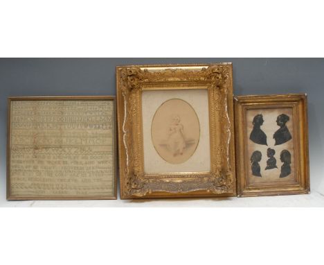 English School (19th century)Young Girl with a Rattlewatercolour and gouache, oval, 19cm x 14cm, contemporary gesso frame; En