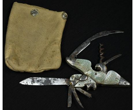A 19th century mother of pearl mounted pocket knife, as a bird, with three blades, corkscrew and darning tool, silvered fitti