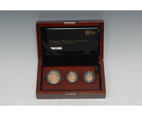 Coins, GB, Elizabeth II, The Sovereign 2015 Three-Coin Premium Set, Fifth Portrait - First Edition, Gold Proof Coin Set, numb