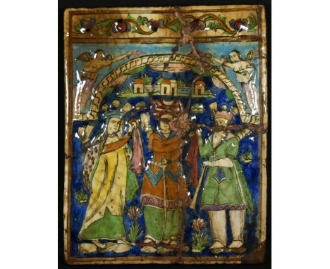 A Middle Eastern rectangular panel or tile, moulded with European figures within an architectural setting and brightly glazed