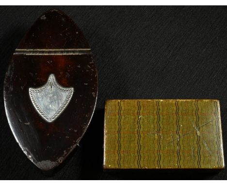 A George III papier mache navette shaped snuff box, japanned in imitation of tortoiseshell, hinged cover with vacant shield s