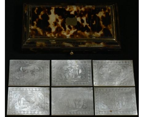 A 19th century tortoiseshell rectangular counter box, hinged shallow sarcophagus cover, enclosing six Chinese export mother o