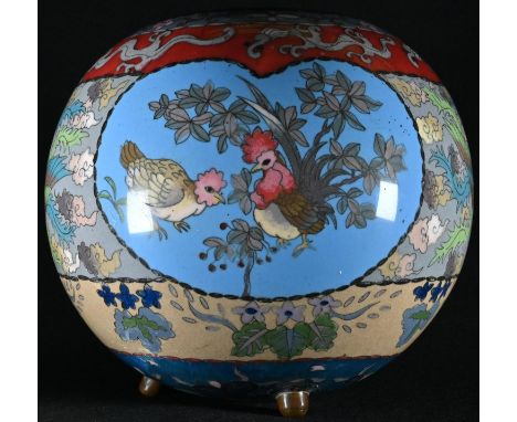 A Chinese cloisonné enamel globular jar, decorated in polychrome with phoenix, chickens and scrolls, bun feet, 19cm high 