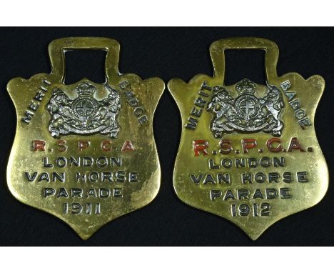 Animal Welfare - a brass RSPCA Merit Badge, London Van Horse Parade 1911, 9.5cm long; another, 1912 (2) 