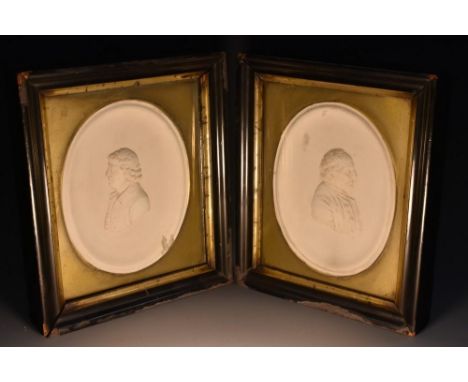 A pair of late 18th/early 19th century Wedgwood plaster cameo portrait plaque moulds, of Josiah Wedgwood and Edward Bourne (O