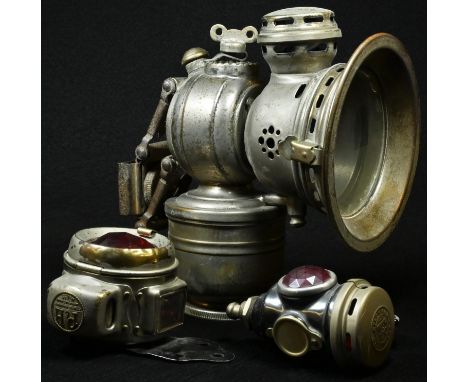 A Powell &amp; Hamner, Birmingham "Revenge" brass nickel plated carbide motorcycle or bicyle lamp; a Powell &amp; Hamner, Bir