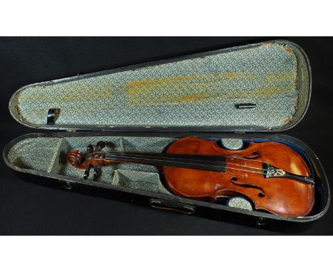 A violin, the two-piece back 35.5cm excluding button, paper label inscribed in ink J W Tipper, Derby 1915, rosewood tuning pe