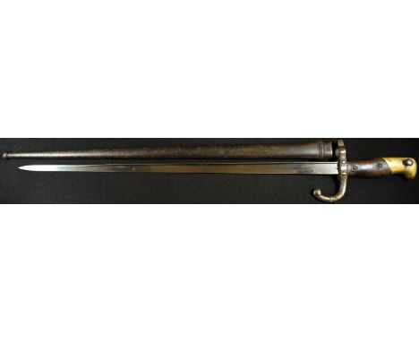 A French Gras bayonet, 52.5cm straight blade with broad spine, curved quillon, two-piece wooden grip, steel scabbard, 65.5cm 