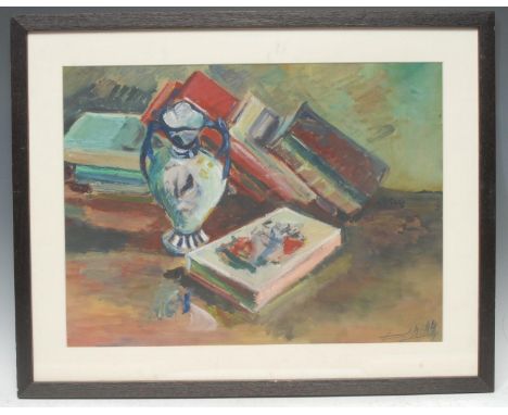 Modern British School Still Life, Books and Vase on a Tableindistinctly signed, oil on board, 36cm x 48cm 