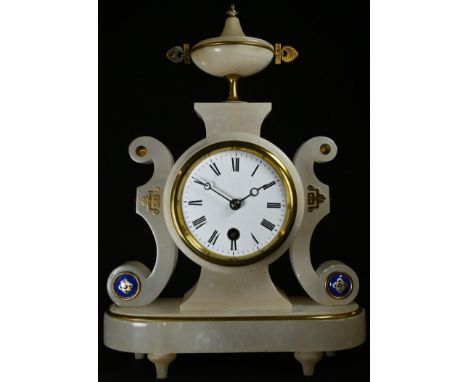 A 19th century Grecian Revival enamel-mounted alabaster mantel clock, 8cm circular dial inscribed with Roman numerals, single