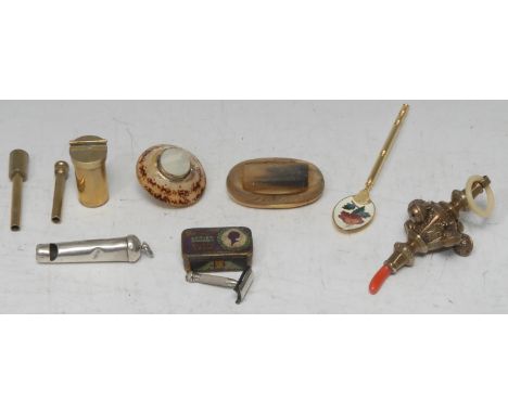 A Victorian silver whistle, 6.6cm long, London 1867; a Victorian design gilt brass baby's rattle; a 19th century oval horn sn