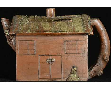 A Chinese Yixing teapot, as a house, rustic branch handle, 14.5cm long, impressed seal mark 