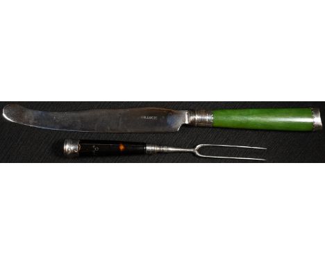 A Queen Anne Scottish silver-mounted tortoiseshell and steel two-prong fork, barrel shaped grip monogrammed RH in piqué, armo