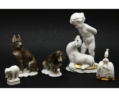 A Rosenthal porcelain figure of Dachshund, together with another Rosenthal figure of a dog, both marked Moldenhauer to the ba