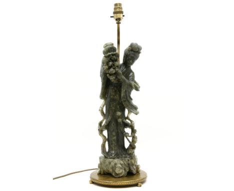 A modern Chinese style soapstone lamp base, 43cm high, with a lamp shade