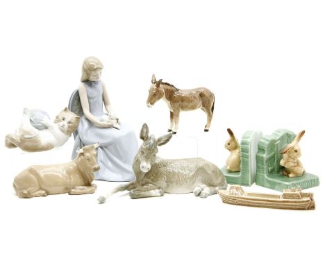 A pair of sylvac pottery rabbit bookends, and various Lladro china animals