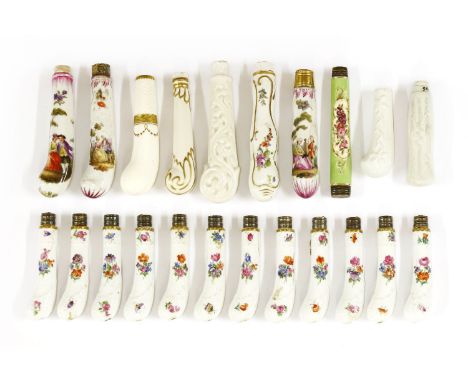 Twenty-two porcelain cutlery handles, 18th and 19th century, Continental, including a set of twelve, painted with insects and