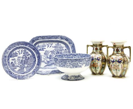 Porcelain two handled vases, decorated with birds and flowers, 21cm high, and various blue and white willow pattern plates, i